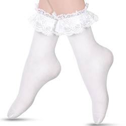 SATINIOR Damen Rüschen Socken Spitzen Knöchel Socken Blickdichte Rüschen Socken Spitzen Besatz Prinzessinnen Socken für Frauen Mädchen (Weiß) von SATINIOR