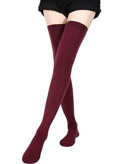 SATINIOR Extra Lange Socken Oberschenkelhohe Baumwollsocken Extra Lange Stiefelstrümpfe für Frauen (Weinrot, 1) von SATINIOR