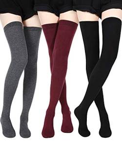 SATINIOR Extra Lange Socken Oberschenkelhohe Baumwollsocken Extra lange Stiefelstrümpfe für Mädchen Frauen (Black, Dark Grey, Wine Red, 3) von SATINIOR