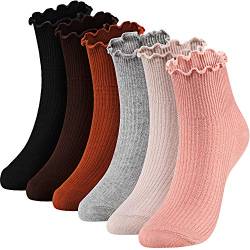 SATINIOR Frauen Söckchen Stricken Baumwoll Spitze Rüsche Socken Normallack-Beiläufige Socken, 6 Paare (Schwarz, Beige, Hellgrau, Purpurrot, Hautrosa, Kaffee) von SATINIOR