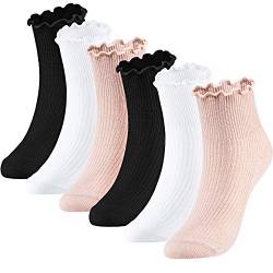 SATINIOR Frauen Söckchen Stricken Baumwoll Spitze Rüsche Socken Normallack-Beiläufige Socken, 6 Paare (Schwarz, Beige, Weiß) von SATINIOR