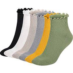 SATINIOR Frauen Söckchen Stricken Baumwoll Spitze Rüsche Socken Normallack-Beiläufige Socken, 6 Paare (Schwarz, Weiß, Gelb, Beige, Hellgrau, Grün) von SATINIOR