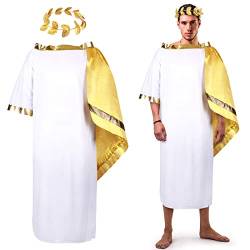 SATINIOR Griechischer Gott Kostüm Weiß Römischer Toga Erwachsene Toga Kostüm Tunika mit Blatt Krone Kopfschmuck Gold Lorbeerkranz Stirnband (groß), Mehrfarbig von SATINIOR
