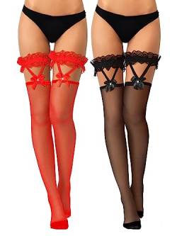 SATINIOR Oberschenkelhohe Socken mit Schleife 2 Paar Halterlose Spitze Strümpfe Damen Strapsstrümpfe für Valentinstag (Schwarz, Rot) von SATINIOR