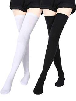 SATINIOR Socken Extra Lange Oberschenkel Hohe Baumwolle Socken Extra Lange Socken Stiefel für Mädchen Frauen, Schwarz, Weiß, Einheitsgröße von SATINIOR