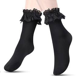 SATINIOR-Socks-45 Damen Rüschen Spitze Tops Knöchelsocken Blickdicht Rüschen Socken Spitzenbesatz Prinzessin Socken für Frauen Mädchen, Schwarz , 46, XL von SATINIOR