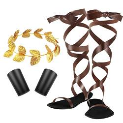 Toga Römersandalen für Halloween, Herren, Zubehör, Gold, Lorbeerkopf, Kranz, Armband-Set, Blattkrone, Sandalen, Armband, 3-teiliges Set, siehe Abbildung, 39.5 EU von SATINIOR