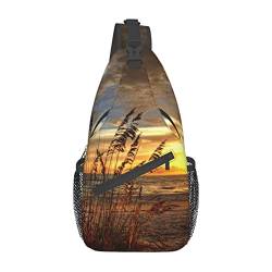 Calm Coastal Scene Print Sling Rucksack, leichte, faltbare Umhängetasche, wasserabweisender Schulterrucksack für den täglichen Gebrauch, Schwarz , Einheitsgröße von SATUSA