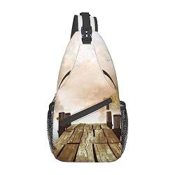 Schulter-Rucksack aus Holz, mit Brücke, Seeszene, leicht, faltbar, wasserabweisend, Schulterrucksack für den täglichen Gebrauch, Schwarz , Einheitsgröße von SATUSA