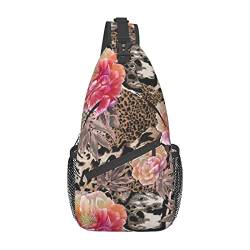 Schulter-Rucksack mit rosa Blumen, Leopardenmuster, leicht, faltbar, Umhängetasche, wasserabweisend, für den täglichen Gebrauch, Schwarz , Einheitsgröße von SATUSA