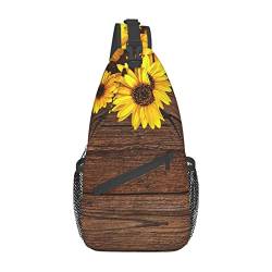 Sunflower On Wood Plank Print Sling Rucksack, leicht, faltbar, Umhängetasche, wasserabweisend, Schulterrucksack für den täglichen Gebrauch, Schwarz , Einheitsgröße von SATUSA