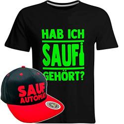 Hab ich Saufi gehört T-Shirt inkl. Original SAUFAUTOMAT Snapback in exklusiver Aufbewahrungsbox (T-Shirt Schwarz/Pink/Snapback Schwarz/Rot), Größe: L von SAUFCOUNTER MARK YOUR DRINKS