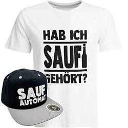 Hab ich Saufi gehört T-Shirt inkl. Original SAUFAUTOMAT Snapback in exklusiver Aufbewahrungsbox (T-Shirt Weiß/Schwarz/Snapback Schwarz/Grau), Größe: 3XL von SAUFCOUNTER MARK YOUR DRINKS