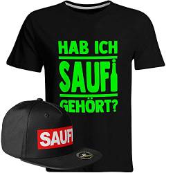 Saufi Saufi Tshirt Hab ich Saufi gehört Saufi T-Shirt Malle JGA Party (T-Shirt: Schwarz/SB: Schwarz/Schwarz), Farbe: Schwarz/Grün, Größe: XL von SAUFCOUNTER MARK YOUR DRINKS