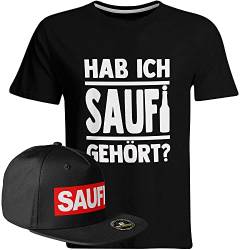 Saufi Saufi Tshirt Hab ich Saufi gehört Saufi T-Shirt Malle JGA Party (T-Shirt: Schwarz/SB: Schwarz/Schwarz), Farbe: Schwarz/Weiß, Größe: 3XL von SAUFCOUNTER MARK YOUR DRINKS