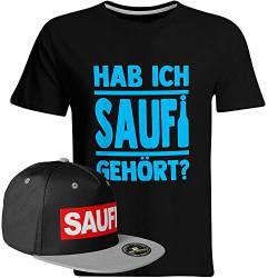 Saufi Saufi Tshirt Hab ich Saufi gehört Saufi T-Shirt Malle Party JGA (T-Shirt: Schwarz/SB: Schwarz/Grau), Farbe: Schwarz/Hellblau, Größe: XXXX-Large von SAUFCOUNTER MARK YOUR DRINKS