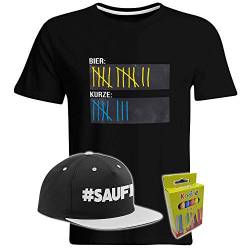 T-Shirt Bier Kurze Strichliste mit Tafelfläche inkl. 12er-Pack Kreide und Snapback in Wunschfarbe JGA Schnaps Saufi Mische Tafel Saufen Party, Farbe: T-Shirt Schwarz/Snapback Grau, Größe: Large von SAUFCOUNTER MARK YOUR DRINKS