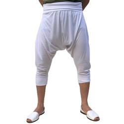 SAVARI | Haremsshorts | Baggy | Recycelte Baumwolle | Piraten|Stil | Sommer | Mit elastischer breiter Taille und ohne Taschen | Bequeme Hose | Für Yoga | Unisex | Weiß | Größe M von SAVARI