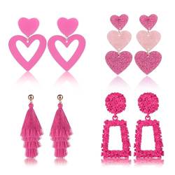 4 Paar Rosa Ohrringe, Herz Ohrringe Rosa Quasten Ohrringe Liebhaber Ohrringe Magenta Ohrringe Rechteckige Baumelnde Ohrringe für Frauen Freundin Valentinstag Accessoires von SAVITA