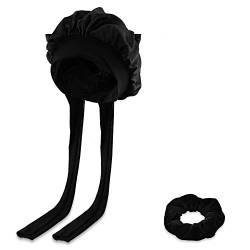 SAVITA Satin Mütze zum Schlafen, Haarhaube Weiche Nachtmütze, Stretch-Krawattenband-Mütze,mit Samt Haargummi für Frauen Lockiges Haar Zöpfe (Schwarz) von SAVITA