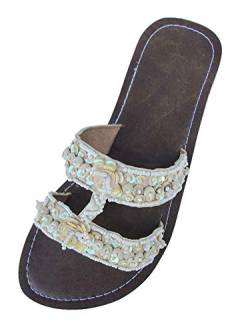 Damensandale La Paz Flip Pantolette Sommer-Sandale, Schuh Slipper mit Pailetten und Perlen, in creme 37 von SAWA