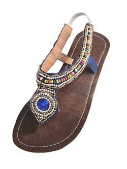 SAWA Damen Zehentrenner Peru Flip Sandale Zehenpantolette Sommersandale Zehenstegsandale mit Perlen, blau, Gr.39 von SAWA
