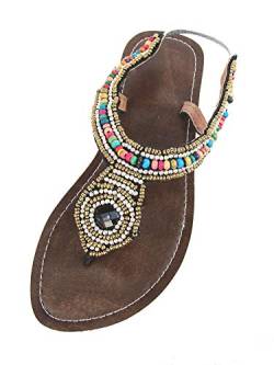 SAWA Damen Zehentrenner Peru Flip Sandale Zehenpantolette Sommersandale Zehenstegsandale mit Perlen, schwarz, Gr.36 von SAWA