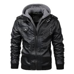 SAWEEZ Leder Jacken Herren, Herren Lederjacken, Abnehmbare Kapuze, Motorrad Pu Jacke, Bomberjacke Mit Reißverschluss Und Tasche, Lässige Windjacke, Übergangsjacke Für Herbst Und Winter, Schwarz, Xl von SAWEEZ