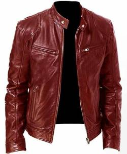 SAWEEZ Ledermantel Herren, Herren Pu Lederjacken, Schlichte Kunstleder Motorradjacke, Vintage Bomberjacke Mit Reißverschluss, Schmale Passform, Punk Windjacke Für Herbst Und Winter, Rot, Xxl von SAWEEZ