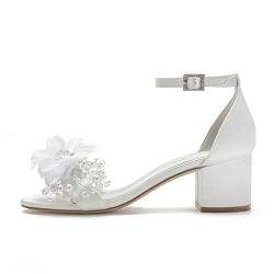 Elfenbein Hochzeitsschuhe Stämmiger Absatz Offene Zehen Sandalen Satin Abendschuhe Brautschuhe,Elfenbein,40 EU von SAXTZDS