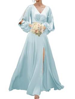 Damen Langarm Satin Brautjungfer Kleid mit Taschen 2023 Herbst Winter Formale Abendkleider mit Schlitz, hellblau, 56 Plus von SAYNO
