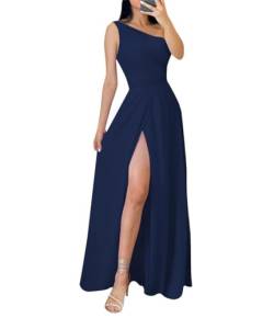 Damen One Shoulder Brautjungfernkleider mit Taschen Lange Falten Formelles Kleid mit Schlitz, marineblau, 32 von SAYNO