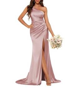 Eine Schulter Satin Brautjungfer Kleider mit Schlitz Lange Bodycon Formale Meerjungfrau Prom Party Kleider, Dusty Rose, 34 von SAYNO