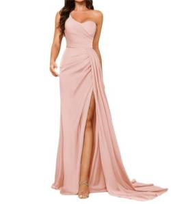 Frauen eine Schulter Satin Brautjungfer Kleider 2023 mit Schlitz Lange Formale Prom Kleid Geraffte Party Kleider, rose gold, 36 von SAYNO