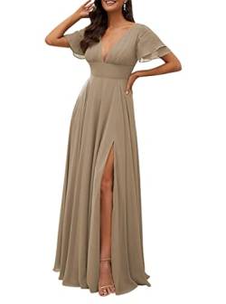 Kurzärmeliges Chiffon-Abendkleid für Damen, bodenlang, hoher Split-V-Ausschnitt, formelle Partykleider, taupe, 36 von SAYNO