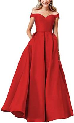 SAYNO Ballkleid für Damen, schulterfrei, A-Linie, lang, Satin, formelles Abendkleid mit Tasche, rot, 36 von SAYNO