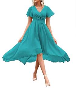 SAYNO Brautjungfernkleid für Damen, hoch, niedrig, Chiffon, kurzärmelig, V-Ausschnitt, formelle Partykleider, aqua, 42 von SAYNO