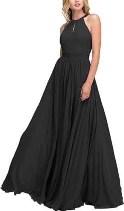 SAYNO Halfter Brautjungfer Kleider für Junioren Lange Plissee Chiffon Hochzeit Gast Abendkleid, Schwarz , 50 Plus von SAYNO