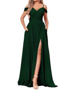 SAYNO Off Shoulder Brautjungfernkleid für Hochzeit Chiffon V-Ausschnitt Ballkleid Partykleid mit Taschen, Smaragd Grün, 44 von SAYNO