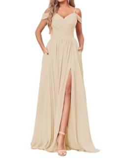 SAYNO Off Shoulder Brautjungfernkleid für Hochzeit Chiffon V-Ausschnitt Ballkleid Partykleid mit Taschen, sekt, 48 Große Größen von SAYNO