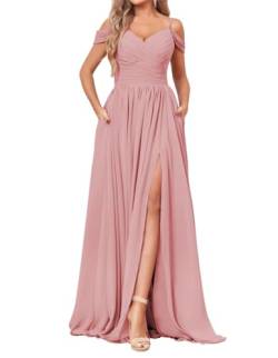 SAYNO Schulterfreies Brautjungfernkleid für Hochzeit, Chiffon, V-Ausschnitt, Abschlussball, Partykleid mit Taschen, Dusty Rose, 38 von SAYNO