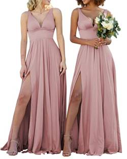V-Ausschnitt Spaghetti-Träger Brautjungfernkleider für Hochzeit High Split Ärmellos Formal Party Kleid, Dusty Rose, 38 von SAYNO
