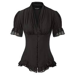 Damen Gothic Plissee Shirt Tops Renaissance Short Puff Sleeve V-Ausschnitt Bluse Schwarz M von SCARLET DARKNESS