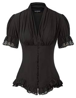 Damen Gothic Plissee Shirt Tops Renaissance Short Puff Sleeve V-Ausschnitt Bluse Schwarz S von SCARLET DARKNESS