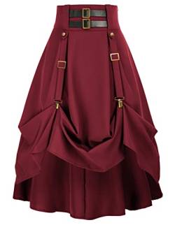 Damen Gothic Rock Knielang Einstellbare Frontlänge Cosplay Faltenrock Rockabilly Midi Röcke Weinrot XXL von SCARLET DARKNESS