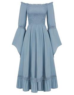 Damen Mittelalter Cottagecore Dress Off Shoulder Hohe Taille A-Linie Abendkleid Grau Blau XXL von SCARLET DARKNESS