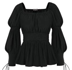 Damen Mittelalter Tunika Laternenhülse Gesmoktes mit Schnürung Renaissance Shirt Schwarz XL von SCARLET DARKNESS