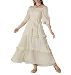 Damen Renaissance Maxikleid A-Linie Off-Shoulder mit Tasche Medieval Long Dress Aprikose L von SCARLET DARKNESS