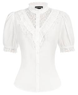 Damen Renaissance Rüschenbluse Kurzarm Laternenhülse Lace-Up Cottagecore Shirt Weiß L von SCARLET DARKNESS