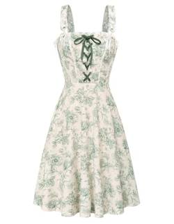 Damen Retro Sommerkleid Ärmellos Renaissance A Linie Strandkleid mit Taschen 2XL Grün Blume auf Beige von SCARLET DARKNESS